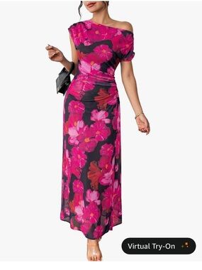 One-Shoulder Pink Floral Wrap Maxi Dress
